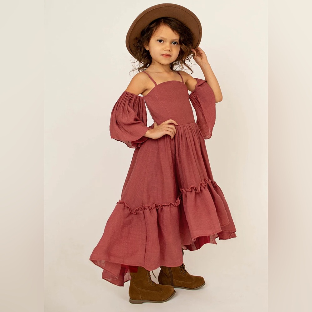 Little girls cold shoulder, boho, maxi dress with a ruffle underlay